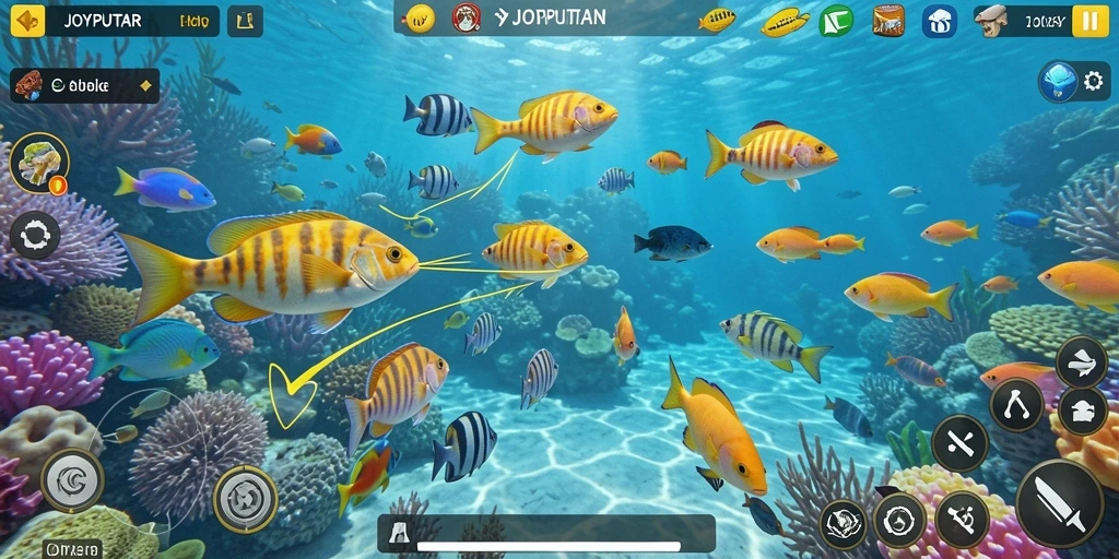 Screenshot game JOYPUTAR menampilkan keseruan menembak ikan.
