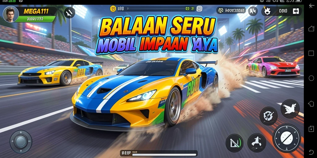Screenshot gameplay MEGA111 yang menampilkan balapan seru dan kustomisasi mobil.
