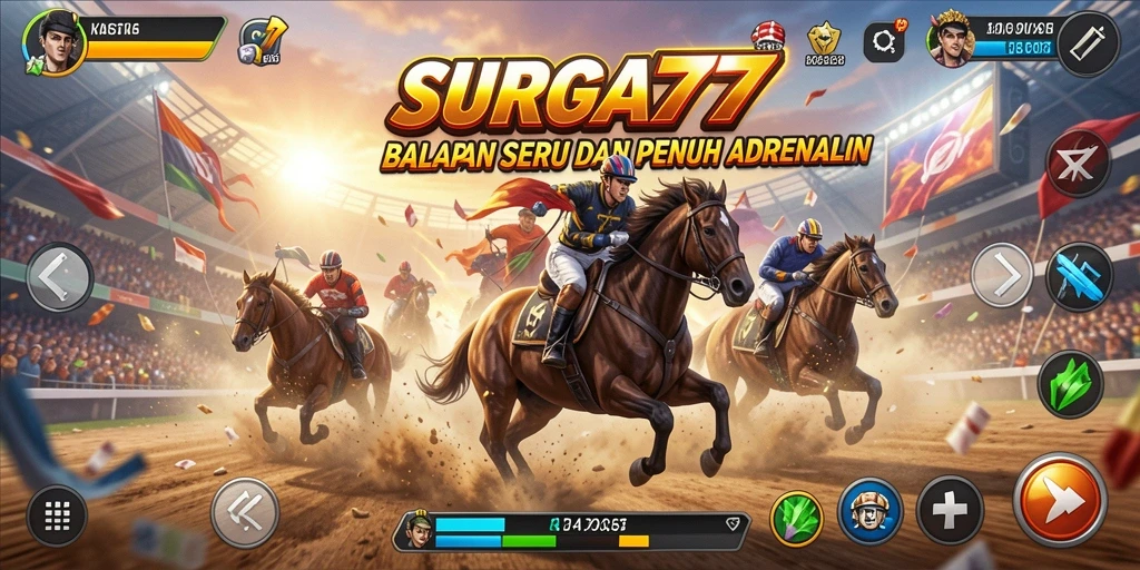 Screenshot utama SURGA77 menampilkan aksi balapan penuh adrenalin.